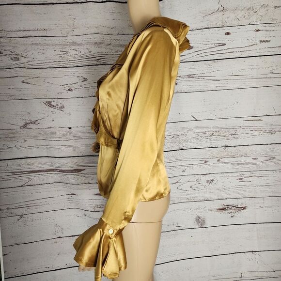New Folio Saks Fifth Avenue Gold Silk Wrap Blouse 6 - Picture 4 of 9